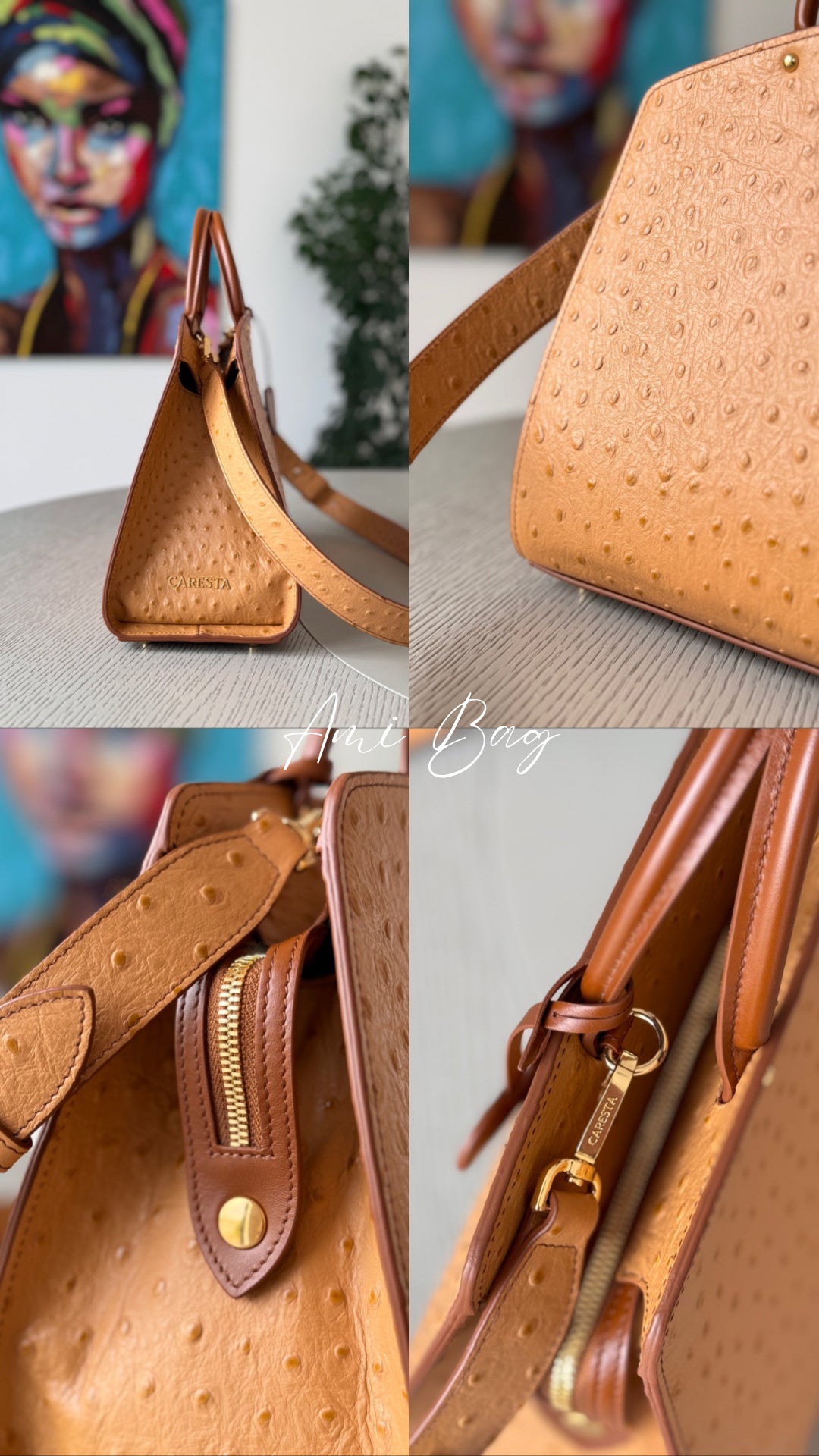 Ami M Ostrich Cognac Bag