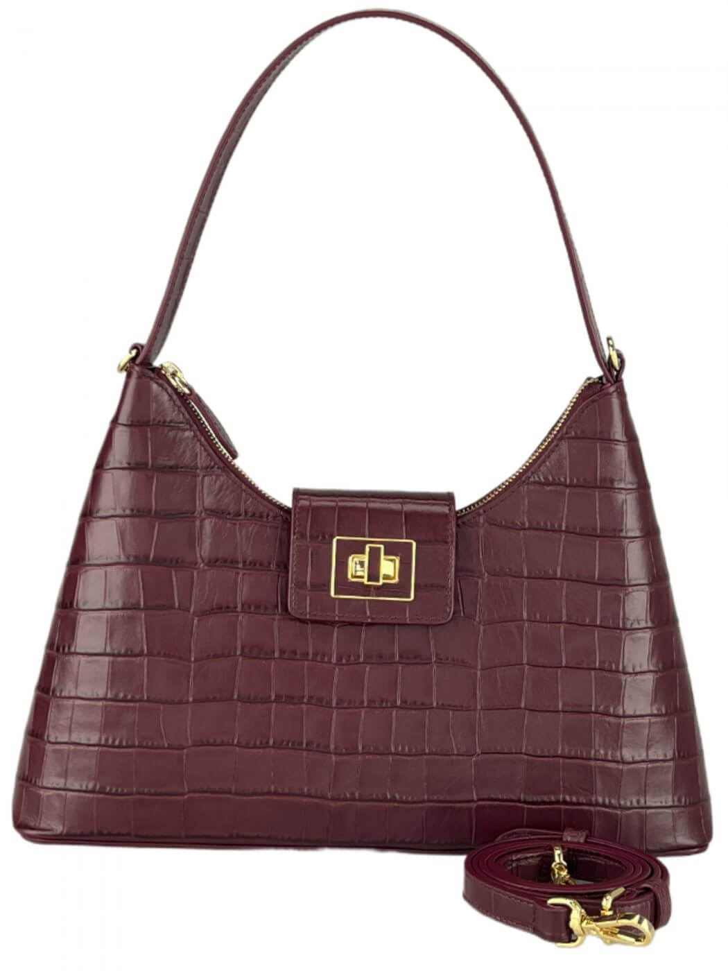 Geantă Mille M Bordeaux Croco SS24 Material exteriorPiele de vițel Material interiorCăptușeală din material textil ManerModelul este echipat cu mâner și o tracollă reglabilă/detașabilă. CompartimentCompartiment unic, cu buzunare pentru accesorii, și închi